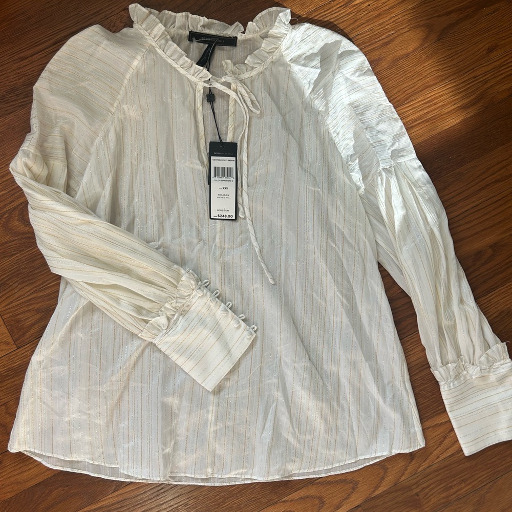 BCBGMaxAzria Women’s Cream Tie Front Blouse Semi Sheer Metallic Original Tags